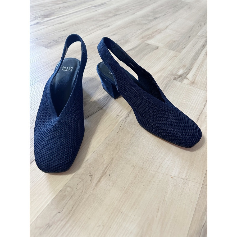 Eileen Fisher Vasa Women's‎ Block Heel Knit Slingback Pump In Navy Size 10
